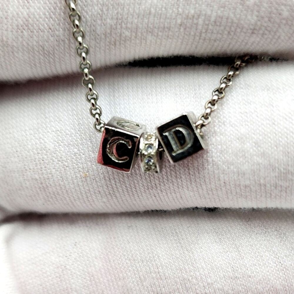 CHRISTIAN DIOR Silver Necklace CD Cube Rhinestone